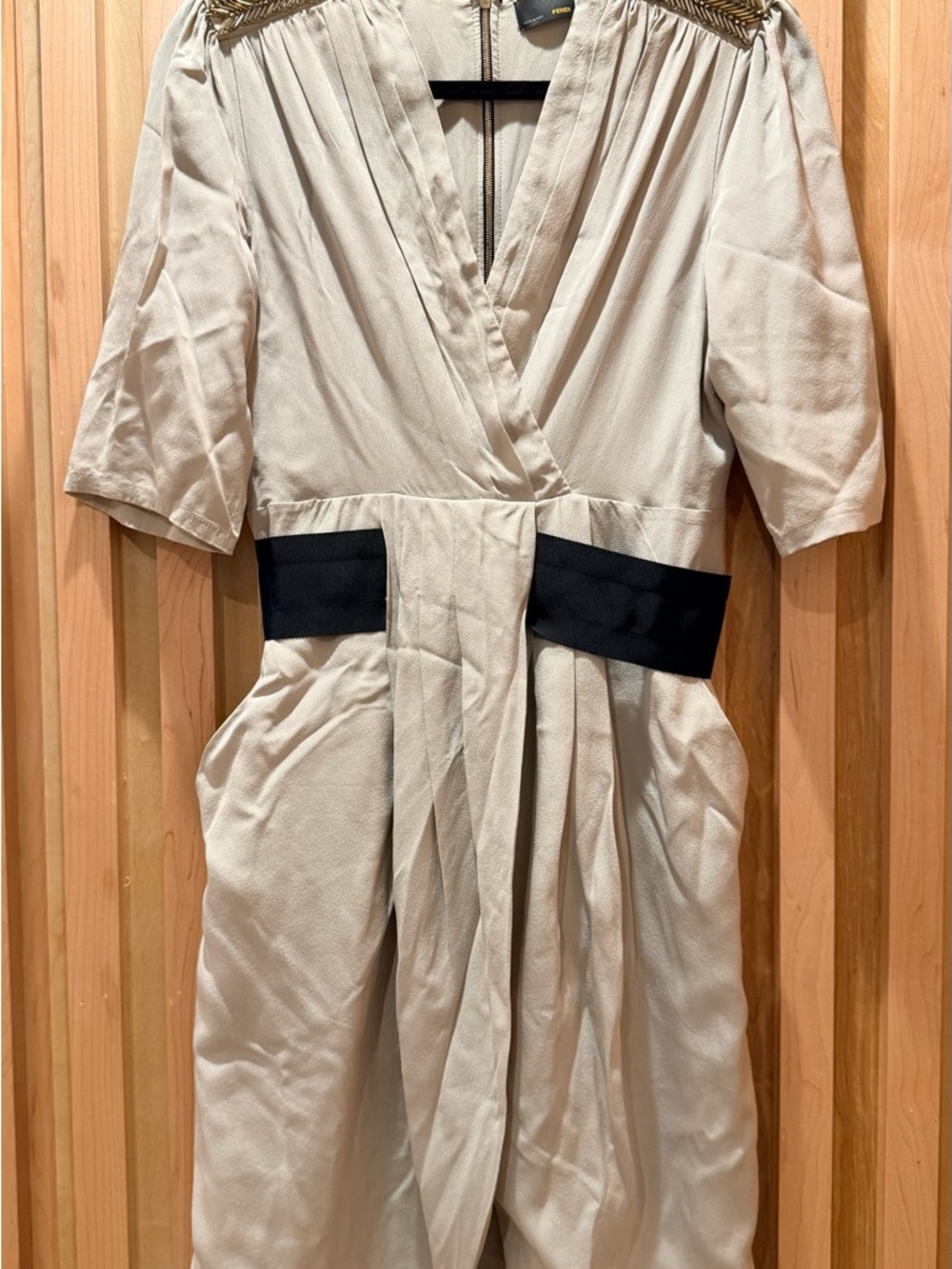 Fendi Silk Beige Dress with Black Label Detail